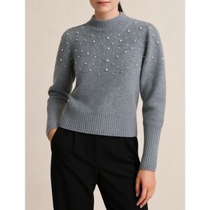 Lucy Paris Gray Pearl Embellished Sweater Mock Neck Knit Pullover XS